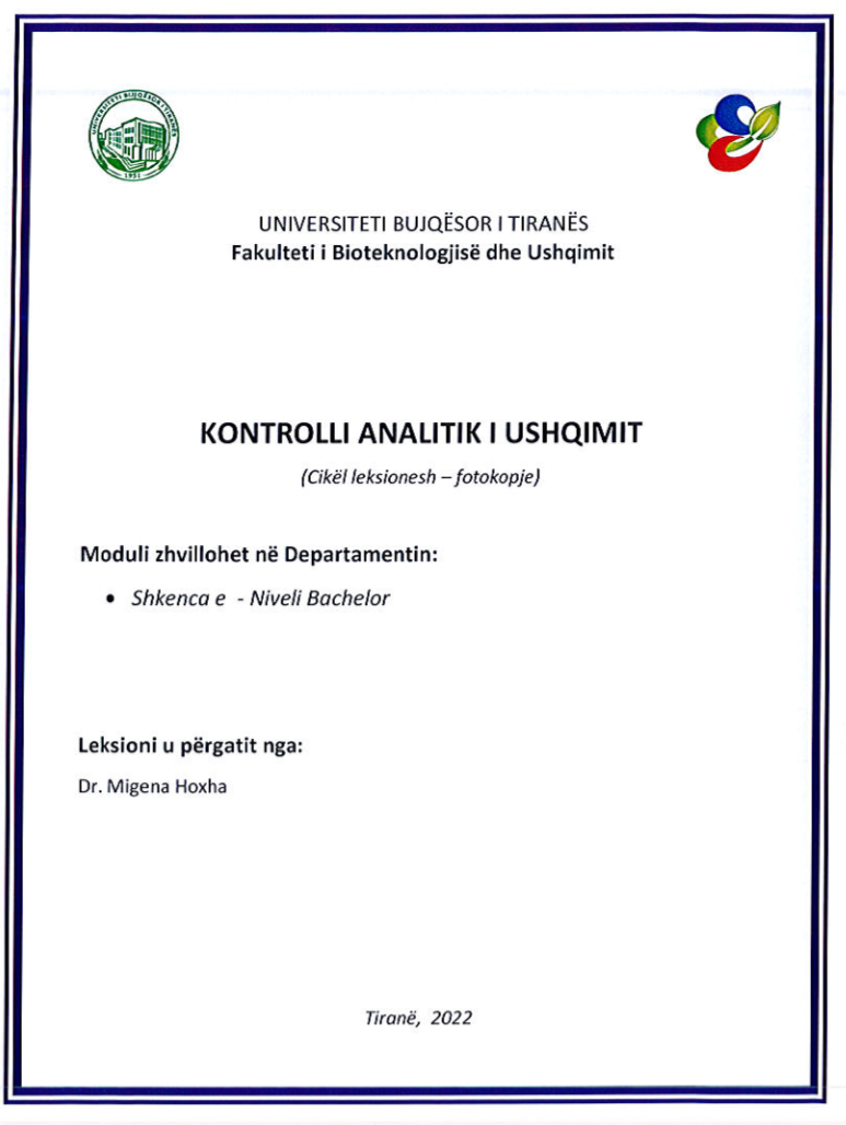 Kontrolli Analitik i Ushqimit – Dr. Migena Hoxha